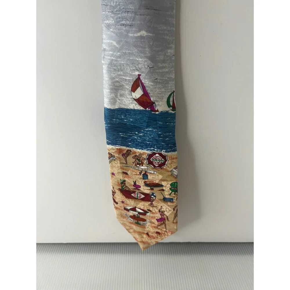 Tabasco Mens Silk Tie Beach Scene Sailboat Novelty Necktie Blue Grey Made in USA